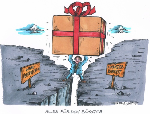 Cartoon: Wahlgeschenk (medium) by mandzel tagged wahlgeschenk,merkel,kluft,abgrund,finanzierbarkeit,wahlgeschenk,merkel,kluft,abgrund,finanzierbarkeit