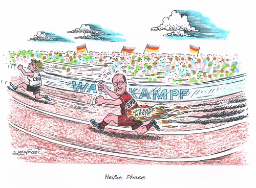 Cartoon: Wahlkampfrennen (medium) by mandzel tagged steinbrück,merkel,wahlkampf,wettrennen,flammen,hitze,steinbrück,merkel,wahlkampf,wettrennen,flammen,hitze
