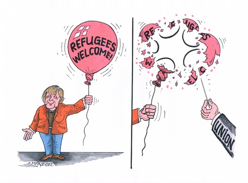 Cartoon: Wandel in der Flüchtlingspoliti (medium) by mandzel tagged flüchtlinge,willkommenssignale,merkel,union,politikwandel,flüchtlinge,willkommenssignale,merkel,union,politikwandel