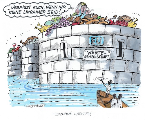 Cartoon: Was ist Europa wert? (medium) by mandzel tagged europa,flüchtlinge,kriege,ukraine,verlogenheit,einseitigkeit,europa,flüchtlinge,kriege,ukraine,verlogenheit,einseitigkeit
