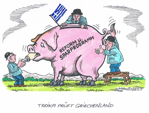 Cartoon: Wieder auf dem Prüfstand (medium) by mandzel tagged griechenland,sparschwein,reformprogramm,troika,überprüfung,griechenland,sparschwein,reformprogramm,troika,überprüfung