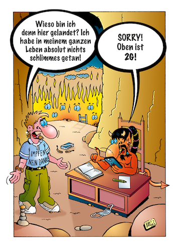 Cartoon: 2G (medium) by stefanbayer tagged corona,covid,pandemie,bekämpfung,2g,himmel,hölle,teufel,sorry,impfgegner,impfen,gemeinschaft,bay,stefanbayer,nein,verantwortung