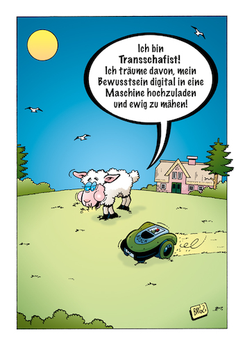 Cartoon: Auf der Weide (medium) by stefanbayer tagged transschafist,transhumanist,transhumanismus,philosophie,politik,schaf,mähroboter,weide,gras,mähen,bewusstsein,upload,download,hochladen,digital,leben,tod,unendlich,träume,menschsein,bay,stefanbayer,lübeck,badschwartau,unsterblichkeit