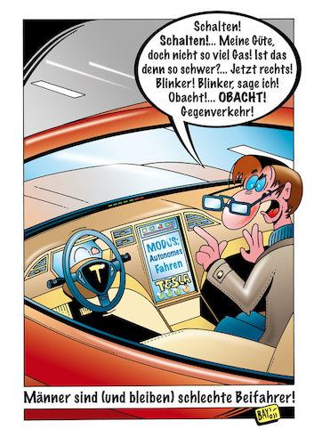 Cartoon: Beifahrer (medium) by stefanbayer tagged fahren,auto,fahrzeug,automobil,tesla,autonom,autonomesfahren,computer,internet,digital,autopilot,fahrspaß,mobilität,freizeit,beifahrer,meckern,männer,stefanbayer,bay,amaturenbrett,cockpit,technik,bildschirm