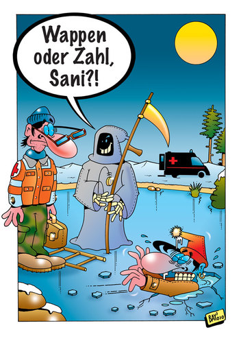 Cartoon: Der Tod auf dem Eis (medium) by stefanbayer tagged tod,tot,sense,sensenmann,eis,eisloch,erfrieren,ertrinken,sterben,hilfe,sani,sanitäter,münze,euro,wappen,zahl,krankenwagen,stefan,bayer,winter,schnee,kälte,kalt,cool,einbrechen