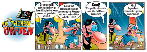 Cartoon: Die Thekenpiraten 04 (medium) by stefanbayer tagged medizin,gedächtnislücke,comic,stefan,bayer,stefanbayer,theke,piraten,thekenpiraten,kneipe,bar,lounge,trinken,freizeit,gastronomie,gedächtnis,gehirn,vergessen,vergesslichkeit,alter,alzheimer,asiatisch,wurzeln,präparat