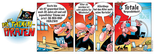 Cartoon: Die Thekenpiraten 09 (medium) by stefanbayer tagged recyclebar,tresen,getränk,nachdenken,alter,vergessen,alt,comic,stefan,bayer,stefanbayer,theke,piraten,thekenpiraten,kneipe,bar,lounge,trinken,freizeit,gastronomie,geburtstag,47,weicheier,geburtstagskarte,vergesslichkeit,alzheimer