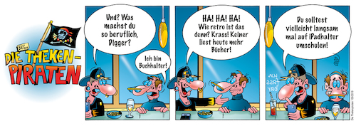 Cartoon: Die Thekenpiraten 100 (medium) by stefanbayer tagged theke,piraten,thekenpiraten,gastronomie,bier,wein,sekt,alkohol,bar,club,lounge,kneipe,digger,beruf,buch,ipad,computer,smartphone,buchhalter,retro,lesen,umschulen,umschulung,stefanbayer,bay,lübeck