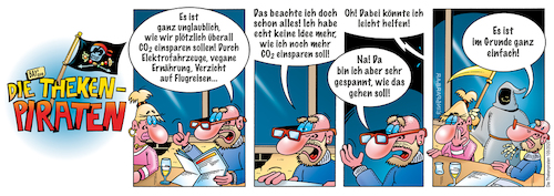 Cartoon: Die Thekenpiraten 105 (medium) by stefanbayer tagged theke,piraten,thekenpiraten,co2,umwelt,elektroauto,vegan,flugreise,einsparen,sparen,tod,tot,dertod,bay,bayer,stefanbayer,gastronomie,bar,club,lounge,alter,klimawandel