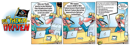 Cartoon: Die Thekenpiraten 10 (medium) by stefanbayer tagged biblis,angst,strahlung,thekenpiraten,theke,piraten,stefan,bayer,stefanbayer,bar,kneipe,gastronomie,thekenkraft,lounge,freizeit,laptop,computer,zeitung,presse,kneipengespräch,atomkraft,akw,kkw,atomkraftwerk,kernkraftwerk,fukushima,unfall,katastrophe,gau,kernschmelze,software,hacken,einloggen,technologie,technikgläubigkeit,lüge,panik,panikmache