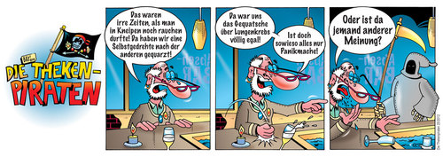 Cartoon: Die Thekenpiraten 25 (medium) by stefanbayer tagged theke,piraten,thekenpiraten,bar,club,lounge,kneipe,gastronomie,raucher,rauchen,quarzen,gesundheit,lungenkrebs,selbstgedrehte,panikmache,gequatsche,krank,krankheit,tot,tod,dertod,sensenmann,sterben,stefan,bayer,stefanbayer