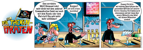 Cartoon: Die Thekenpiraten 26 (medium) by stefanbayer tagged theke,piraten,thekenpiraten,bar,lounge,kneipe,gastronomie,club,kommunikation,unheilbar,ipad,smartphone,handy,tablettcomputer,qr,code,qrcode,scannen,mailen,getränkekarte,bestellen,stefan,bayer,stefanbayer,computer,webseite,internet,account