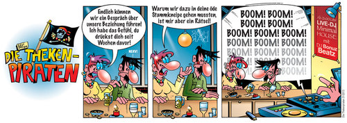 Cartoon: Die Thekenpiraten 31 (medium) by stefanbayer tagged theke,piraten,thekenpiraten,bar,kneipe,lounge,gastronomie,bier,trinken,freizeit,stefan,bayer,stefanbayer,beziehung,pfefferminztee,gespräch,drücken,ablenken,stammkneipe,rätsel,dj,musik,laut,mann,frau,kommunikation