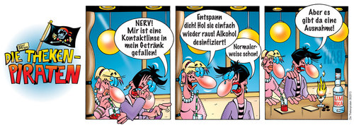 Cartoon: Die Thekenpiraten 38 (medium) by stefanbayer tagged thekengespräch,gastronomie,kneipe,club,lounge,bar,piraten,thekenpiraten,theke,nerv,kontaktlinse,linse,sehhilfe,alkohol,desinfektion,desinfizieren,ausnahme,sambuca,brennbar,stefan,bayer,stefanbayer