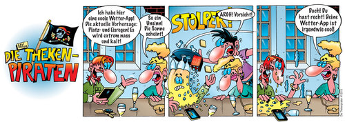 Cartoon: Die Thekenpiraten 41 (medium) by stefanbayer tagged theke,piraten,thekenpiraten,bar,kneipe,lounge,club,gastronomie,handy,smartphone,mobilfunk,wetter,app,regen,nass,sonne,eis,cool,wettervorhersage,eisregen,vorsicht,stefan,bayer,stefanbayer,freizeit,trinken,sekt,bier