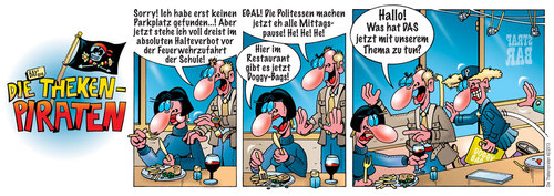 Cartoon: Die Thekenpiraten 42 (medium) by stefanbayer tagged theke,piraten,thekenpiraten,bar,kneipe,lounge,restaurant,club,essen,rotwein,bier,pommes,sekt,doggy,bag,doggybag,essenstüte,politessem,parkplatz,halteverbot,dreist,mittagspause,stefan,bayer,stefanbayer