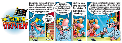 Cartoon: Die Thekenpiraten 51 (medium) by stefanbayer tagged theke,piraten,thekenpiraten,bier,bierchen,ehrlich,loben,bar,lounge,kneipe,gastronomie,trinken,alkohol,wein,weintrinker,biertrinker,geschmack,abgang,bukett,frau,mann,flirten,stefan,bayer,stefanbayer