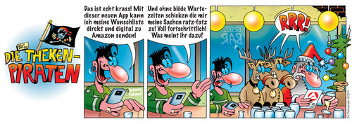 Cartoon: Die Thekenpiraten 55 (medium) by stefanbayer tagged theke,piraten,thekenpiraten,bar,lounge,kneipe,gastronomie,app,smartphone,amazon,bestellen,weihnachten,weihnachtsmann,weihnachtsgeschenk,wunschliste,arbeitsagentur,arbeitslos,rentier,stefan,bayer,stefanbayer