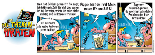 Cartoon: Die Thekenpiraten 59 (medium) by stefanbayer tagged theke,piraten,thekenpiraten,bar,kneipe,lounge,club,bier,pils,pitcher,trinken,ertränken,flens,becks,freundin,beziehung,schlussmachen,lösbar,handy,smartphone,iphone,apple,android,samsung,irre,digger,stefan,bayer,stefanbayer,bay,kommunikation,handysucht