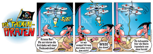 Cartoon: Die Thekenpiraten 65 (medium) by stefanbayer tagged theke,piraten,thekenpiraten,bar,lounge,kneipe,club,gastronomie,drohne,thekendrohne,quadrocopter,fliegen,bedienen,zukunft,technik,computer,oben,fluggerät,bayer,bay,stefanbayer,wumpe