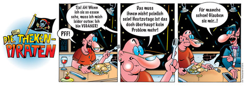 Cartoon: Die Thekenpiraten 67 (medium) by stefanbayer tagged theke,piraten,thekenpiraten,bar,lounge,kneipe,restaurant,club,gastronomie,essen,hühnchen,pommes,vegan,veganer,vampir,outen,bier,wein,rotwein,bayer,bay,stefanbayer,problem,pff