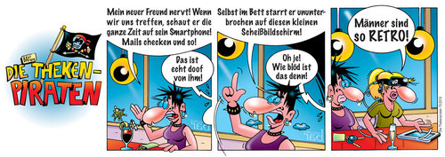 Cartoon: Die Thekenpiraten 70 (medium) by stefanbayer tagged theke,piraten,thekenpiraten,bar,luonge,gastronomie,bier,wein,trinken,freundin,freund,beziehung,retro,vintage,smartphone,mail,app,handy,bildschirm,checken,stefanbayer,bay