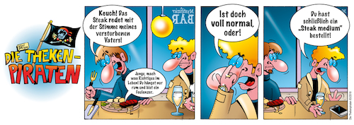 Cartoon: Die Thekenpiraten 83 (medium) by stefanbayer tagged theke,piraten,thekenpiraten,bar,kneipe,lounge,club,alkohol,bier,wein,essen,gastronomie,medium,steak,ernährung,mystifizierbar,bay,bayer,stefanbayer