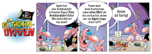 Cartoon: Die Thekenpiraten 84 (medium) by stefanbayer tagged theke,piraten,thekenpiraten,bar,lounge,club,restaurant,gastronomie,armbanduhr,applewatch,apple,mist,haltbar,essen,qualität,bay,bayer,stefanbayer,bier,wein,sekt