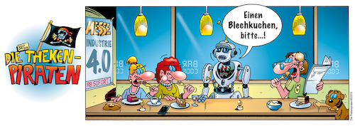 Cartoon: Die Thekenpiraten 85 (medium) by stefanbayer tagged theke,piraten,thekenpiraten,bar,club,lounge,cafe,kaffee,bier,wein,torte,kuchen,blechkuchen,bestellen,roboter,ki,industrie,messe,technik,digital,fortschritt,bay,bayer