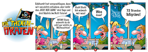 Cartoon: Die Thekenpiraten 90 (medium) by stefanbayer tagged weihnachten,fest,liebe,partnerschaft,bett,feiern,migräne,mann,frau,ehe,wünschen,bay,stefanbayer,unzumutbar,geschenke