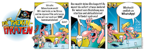 Cartoon: Die Thekenpiraten 99 (medium) by stefanbayer tagged theke,piraten,thekenpiraten,bar,lounge,club,gastronomie,thekengespräch,bier,wein,sms,whatsapp,app,smartphone,netzwerke,sozial,stress,ehe,beziehung,stefanbayer