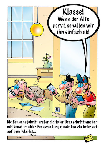 Cartoon: Digitales Herz (medium) by stefanbayer tagged klasse,abschalten,hacken,herz,herzschrittmacher,digital,internet,fernwartung,tool,technik,zukunft,nerv,smartphone,tablet,computer,hitec,jubeln,bay,bayer,stefanbayer