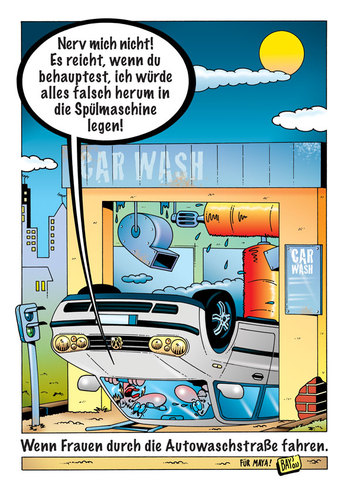 Cartoon: Durch die Autowaschstraße (medium) by stefanbayer tagged auto,automobil,fahrzeug,wagen,fahren,durchfahren,waschstraße,autowaschstraße,carwash,männer,frauen,nerven,golf,falschherum,reinigen,säubern,waschen,autowaschen,stefan,bayer,stefanbayer,spülmaschine,spülen,technik