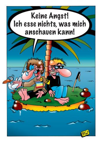 Cartoon: Einsame Insel (medium) by stefanbayer tagged insel,vegetarier,möwe,meer,blind,wasser,ozean,essen