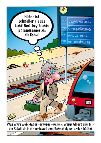 Cartoon: Einstein (medium) by stefanbayer tagged albert,einstein,alberteinstein,relativitätstheorie,physik,verspätung,langsam,bahnsteig,bahnhof,db,deutschebahn,stefanbayer,bay