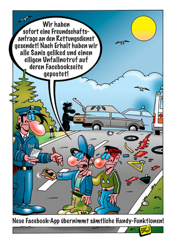 Cartoon: Facebook-App für Handys (medium) by stefanbayer tagged fahrradfahrer,fahrrad,stefanbayer,bayer,stefan,straße,leichenwagen,polizei,verletzt,tod,tot,hilfe,krankenwagen,unfall,sanitäter,freundschaftsanfrage,posten,liken,telefonieren,android,smartphone,handy,app,facebook