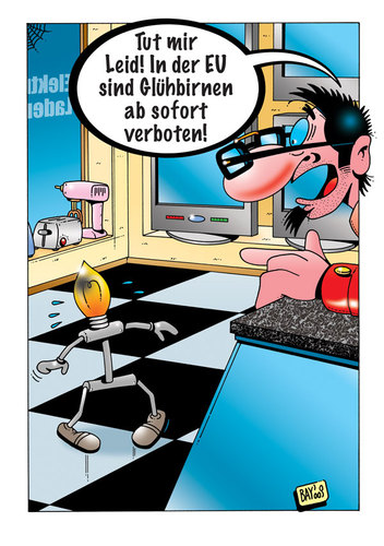 Cartoon: Glühbirnen verboten! (medium) by stefanbayer tagged umwelt,notlage,glühbirne,energiesparbirne,energiesparlampe,licht,strom,energie,sparen,helferlein,düsentrieb,elektrogeschäft,lampe,stefan,bayer