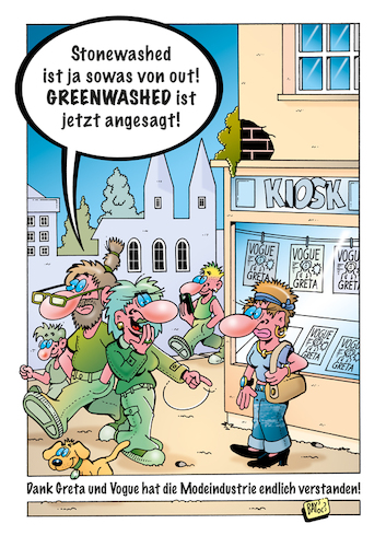 Cartoon: Greenwashing (medium) by stefanbayer tagged greenwashing,stonewashed,modeindustrie,modebranche,umwelt,greta,vogue,zeitgeist,mode,grün,out,in,angesagt,bay,stefanbayer