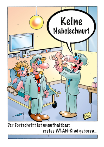 Cartoon: Im Kreißsaal (medium) by stefanbayer tagged nabelschnur,kreißsaal,geburt,säugling,arzt,mutter,kind,fortschritt,wlan,kabellos,computer,digital,internet,smartphone,stefanbayer,bay,bayer