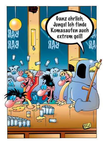 Cartoon: Komasaufen (medium) by stefanbayer tagged bier,korn,whiskey,tequila,alkohol,trinken,saufen,komasaufen,koma,kneipe,bar,lounge,tod,tot,barbar,fusel,feiern,party,spaß,lachen,abholen,stefan,bayer