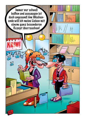 Cartoon: Krimi! (medium) by stefanbayer tagged stefan,bayer,stefanbayer,buch,buchhandlung,krimi,krimiabteilung,essen,rezept,hunger,gesundheit,blut,blutsauger,vampirette,bücherregal,nachtgestalten,bücherwurm,beißen,saugen,mord,mörder,spannung,gericht