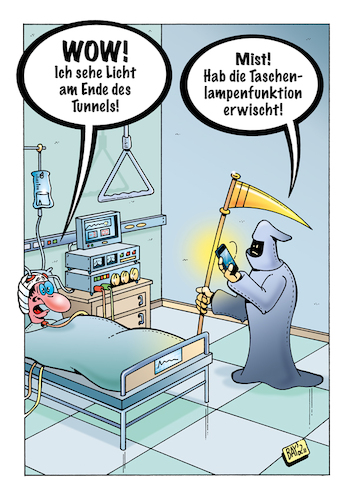 Cartoon: Licht (medium) by stefanbayer tagged wow,licht,tunnel,ende,dertod,tod,tot,krankenhaus,sterben,medizin,smartphone,intensivstation,stefanbayer,bay,taschenlampenfunktion