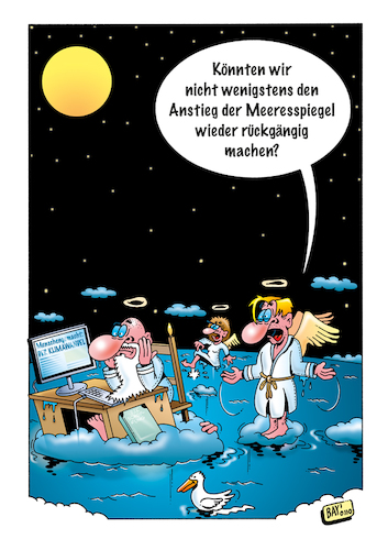 Cartoon: Meeresspiegel (medium) by stefanbayer tagged klima,klimawandel,wetter,flut,sintflut,meer,meeresspiegel,anstieg,himmel,gott,engel,petrus,mensch,menschengemacht,überschwemmung,wasser,stefanbayer,bay,katastrophe,wolken