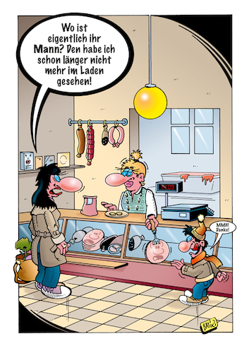 Cartoon: Metzgerei (medium) by stefanbayer tagged metzgerei,fleischerei,essen,wurst,gesichtswurst,ernährung,ehedrama,metzgereifachverkäuferin,verschwunden,verwurstet,stefanbayer,bay