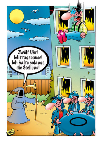 Cartoon: Mittagspause! (medium) by stefanbayer tagged der,tod,tot,sense,mittagspause,essen,hunger,mittag,pause,feuer,feuerwehr,sprungtuch,springen,flammen,fenster,sprung,brand,stefan,bayer,brandmeister,löschen