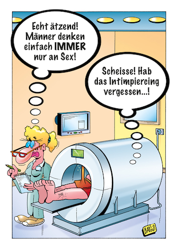 Cartoon: MRT (medium) by stefanbayer tagged anziehung,männer,frauen,schwester,arzt,untersuchung,erektion,piercing,intimpiercing,metall,magnet,mrt,magnetresonanztomografie,technik,bildgebung,peinlich,bayer,bay,stefanbayer,arztpraxis