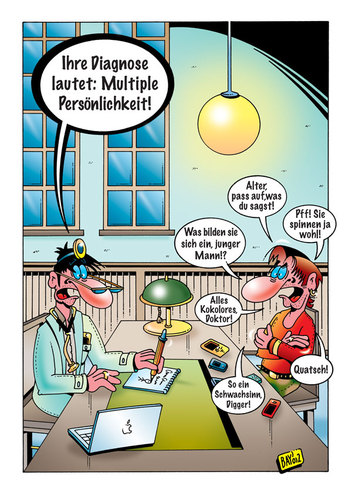 Cartoon: Multiple Persönlichkeit (medium) by stefanbayer tagged stefan,bayer,stefanbayer,multiple,persönlichkeit,störung,störungsbild,handys,arzt,doktor,therapeut,psychiater,arztpraxis,praxis,anamnese,diagnose,krank,krankheit,widerspruch,ablehnung,schizophrenie,gehirn,psyche,seele