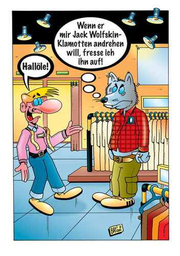 Cartoon: Neulich im Klamottenladen (medium) by stefanbayer tagged bekleidung,konsum,einkaufen,klamotten,kaufen,shoppen,verkäufer,laden,geschäft,herrenbekleidung,jack,wolfskin,hallöle,auffressen,wolf,stefan,bayer