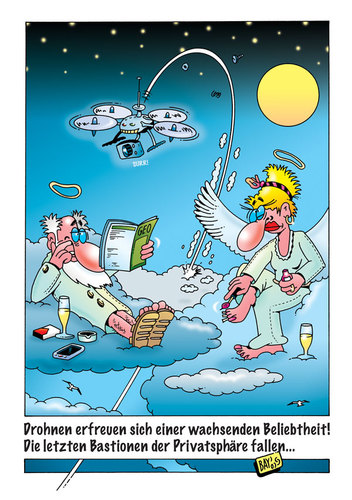 Cartoon: Quadrocopter (medium) by stefanbayer tagged drohne,quadrocopter,modellflug,fliegen,kamera,filmen,privat,privatsphäre,gott,engel,himmel,wolke,freizeit,bier,geo,technik,internet,hobby,spaß,stefan,bayer,bay,stefanbayer,ausspähen,spionage,surr