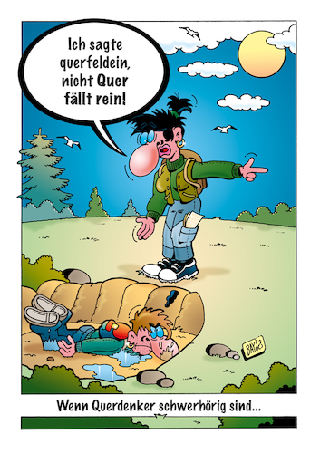 Cartoon: Querdenker (medium) by stefanbayer tagged quer,querdenker,querfeldein,reinfallen,wandern,natur,orientierung,haltung,schwerhörigkeit,freizeitgestaltung,paare,kommunikation,stefanbayer,bay,mainstream